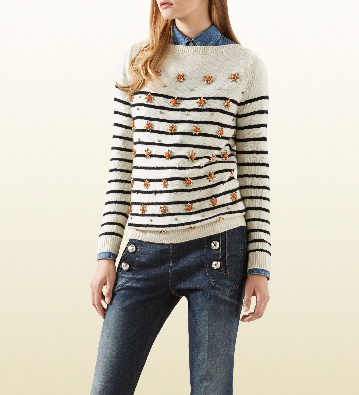 Gucci Striped Cashmere Jumper With Crystal Embroidery in White ...